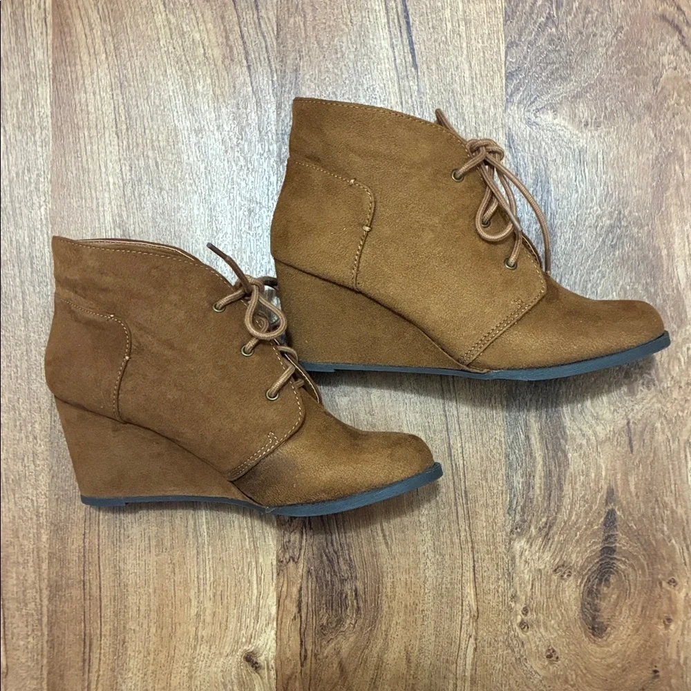 Authentic American Heritage Brown (Cognac) Ankle Boots Faux Suede 3” Wedge Heels
